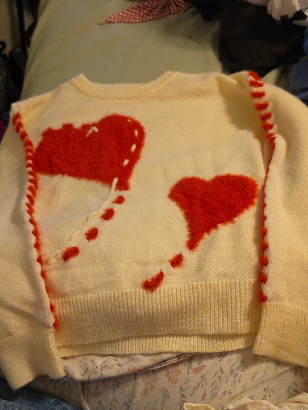 Women’s Cream Crewneck Sweater with Red Heart Accents